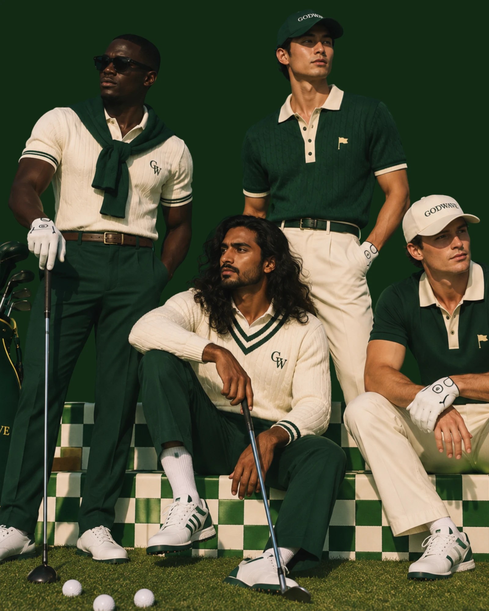 Guests in cream and forest green GodWave apparel